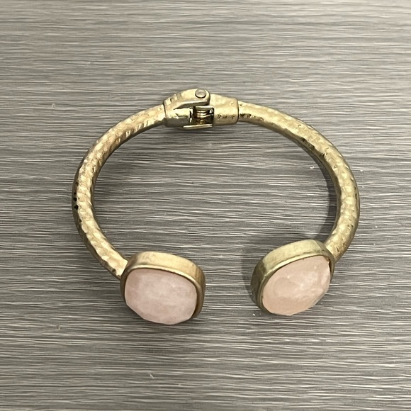 Vintage Gold Hinged Bangle Bracelet with Light Pink Gemstones, Boho - Picture 4 of 8
